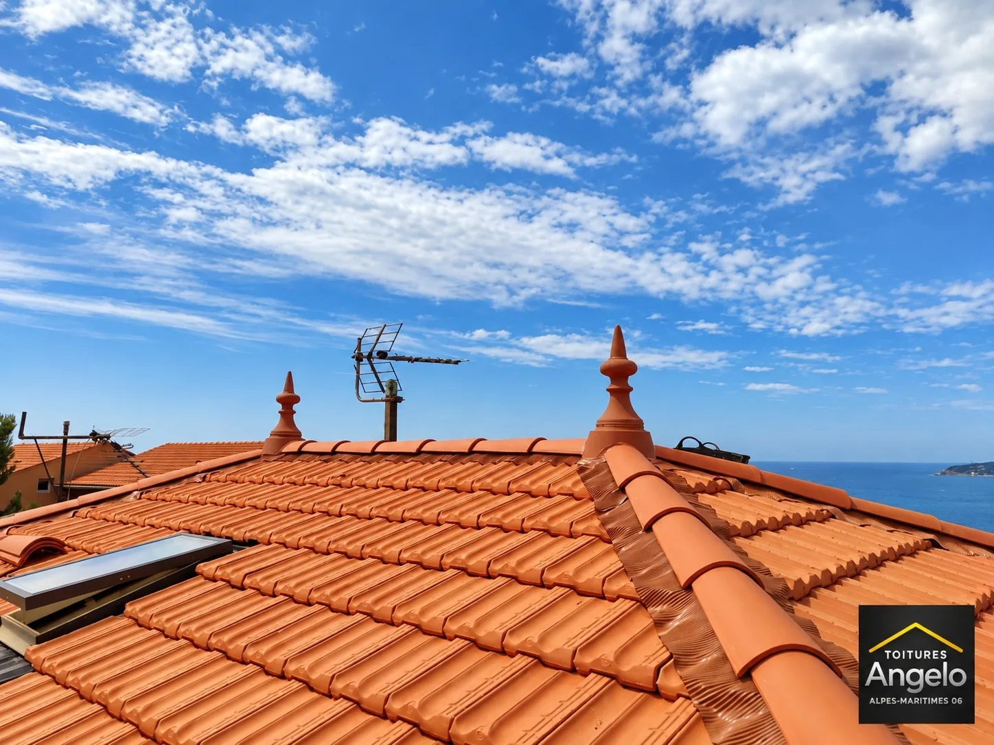Couverture en tuiles rouges sur une maison, avec vue sur la mer
